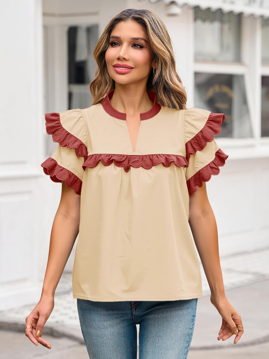 Tankaneo Womens Ruffle Sleeve Babydoll Tops Color Block Summer V Neck Pleated Blouse Dressy Casual Loose Fit Shirts - Image 3