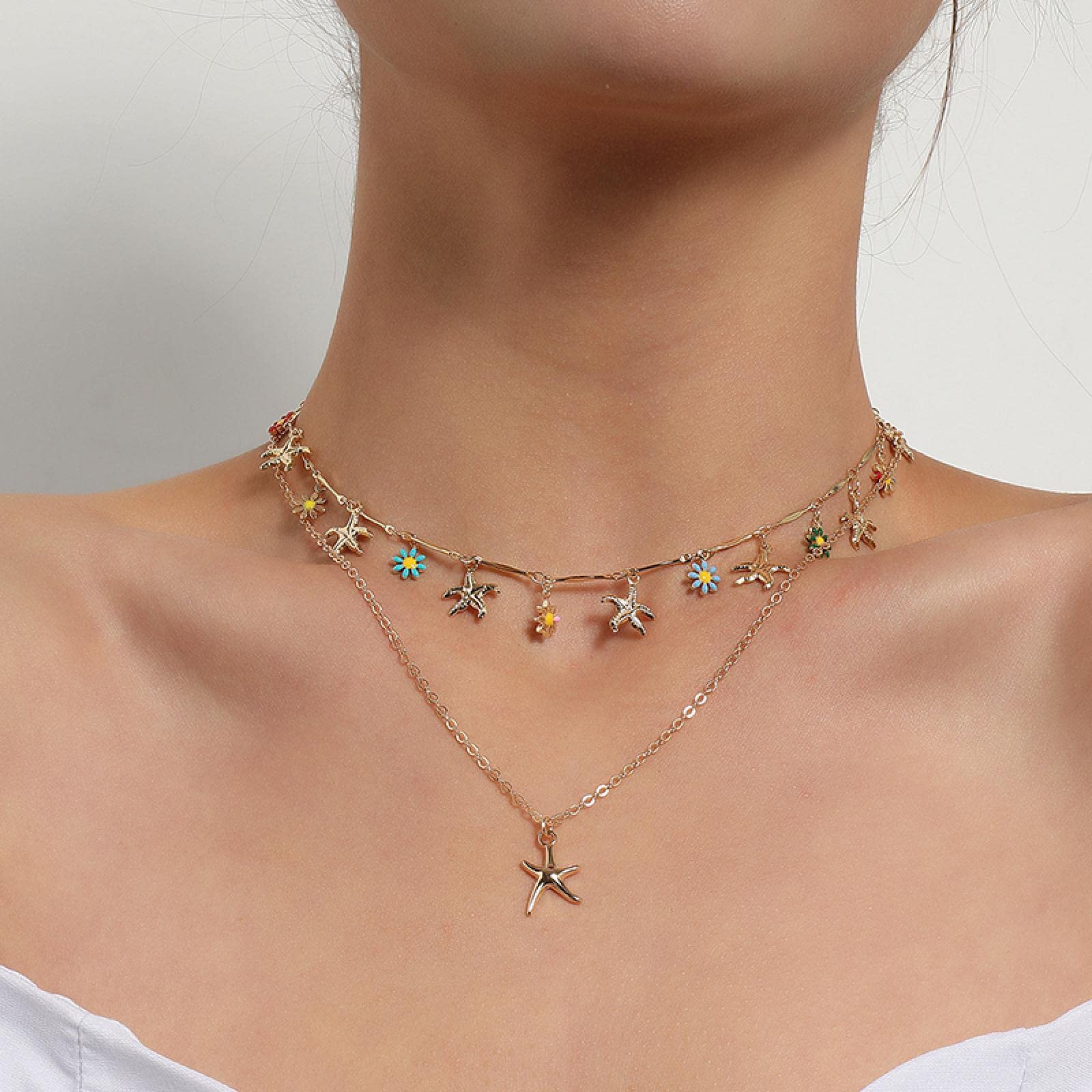 Collar Mujer Doble Capa Colorido Goteo Estrella de Mar Dorada para Mujer Gargantillas Cortas de Playa Collares Joyas Accesorios Boho (Oro a)