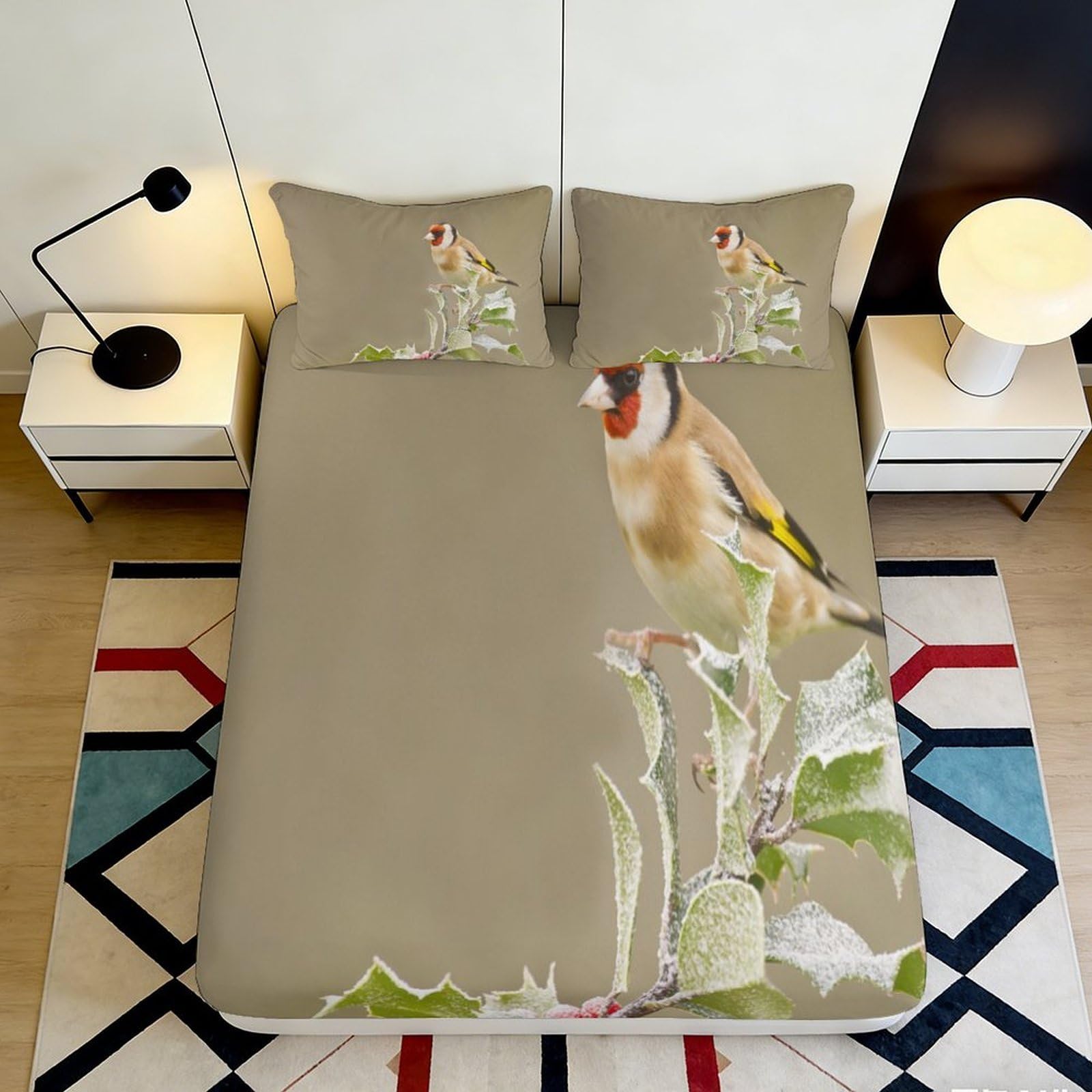 3D Printed Goldfinch Bird Fitted Sheet Microfiber Soft Brown Nature Bed Cover for Bedroom Dorm Mattress Decor 90x200x25cm