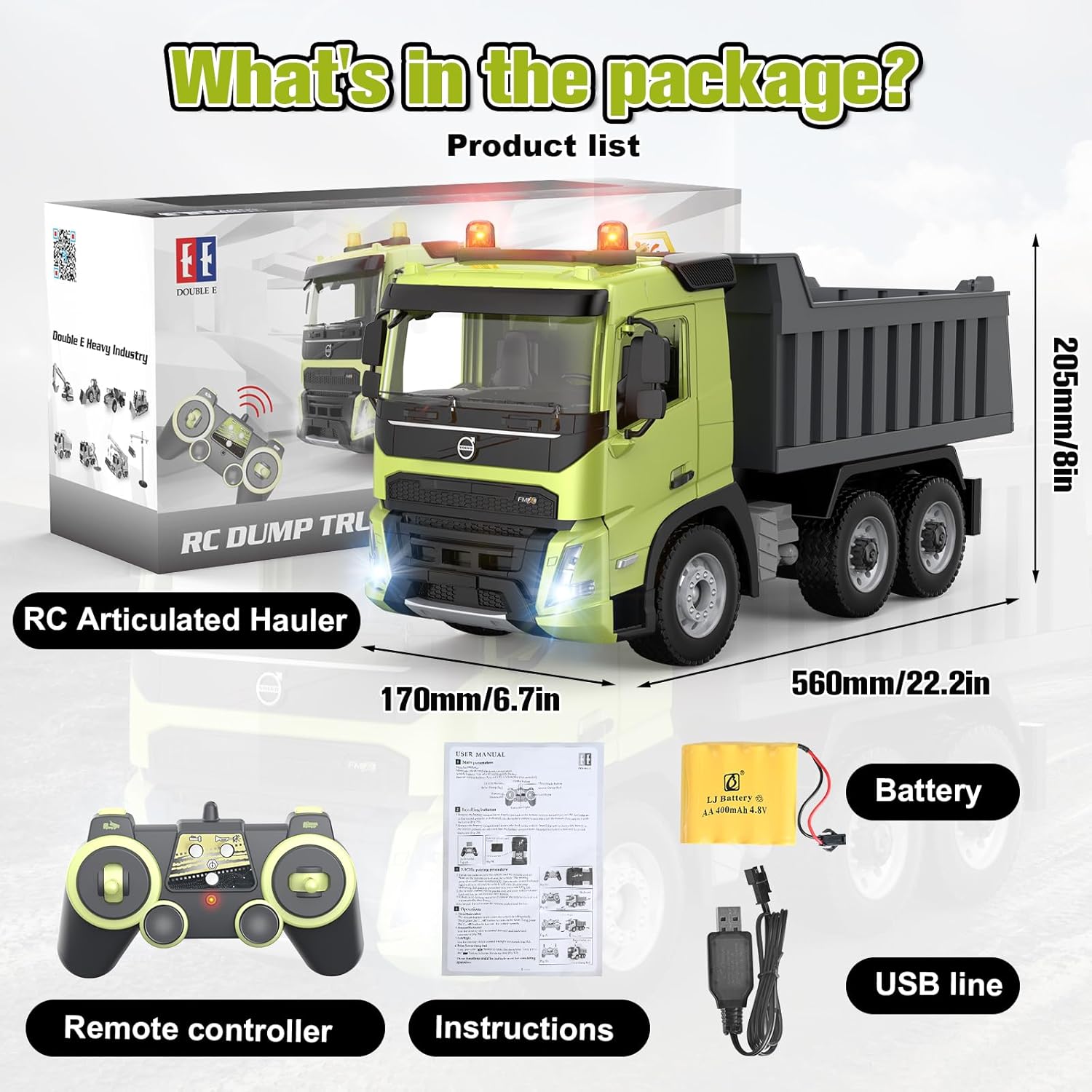 DOUBLE E Volvo FMX 1:20 RC Dump Truck - 2.4GHz Anti-Interference Remote Control Construction Toy with 360° Movement, Lift & Dump, LED Lights & Realistic Sounds for Adults