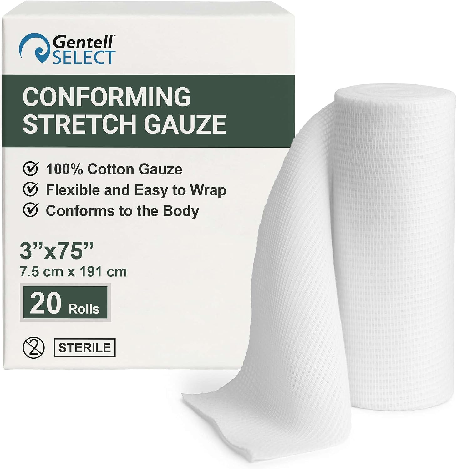 Conforming Stretch Gauze Rolls, Box of 20-3"x75" Rolled Gauze Bandage - Made with Gentle, Comfortable, and Sterile Cotton - Flexible and Easy to Use