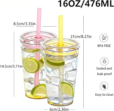 2 Pack 450ml Clear Plastic Iced Coffee Travel Cups, Reusable with Lids and Straws, for Cold Hot Beverages (2, Pink, Yellow)