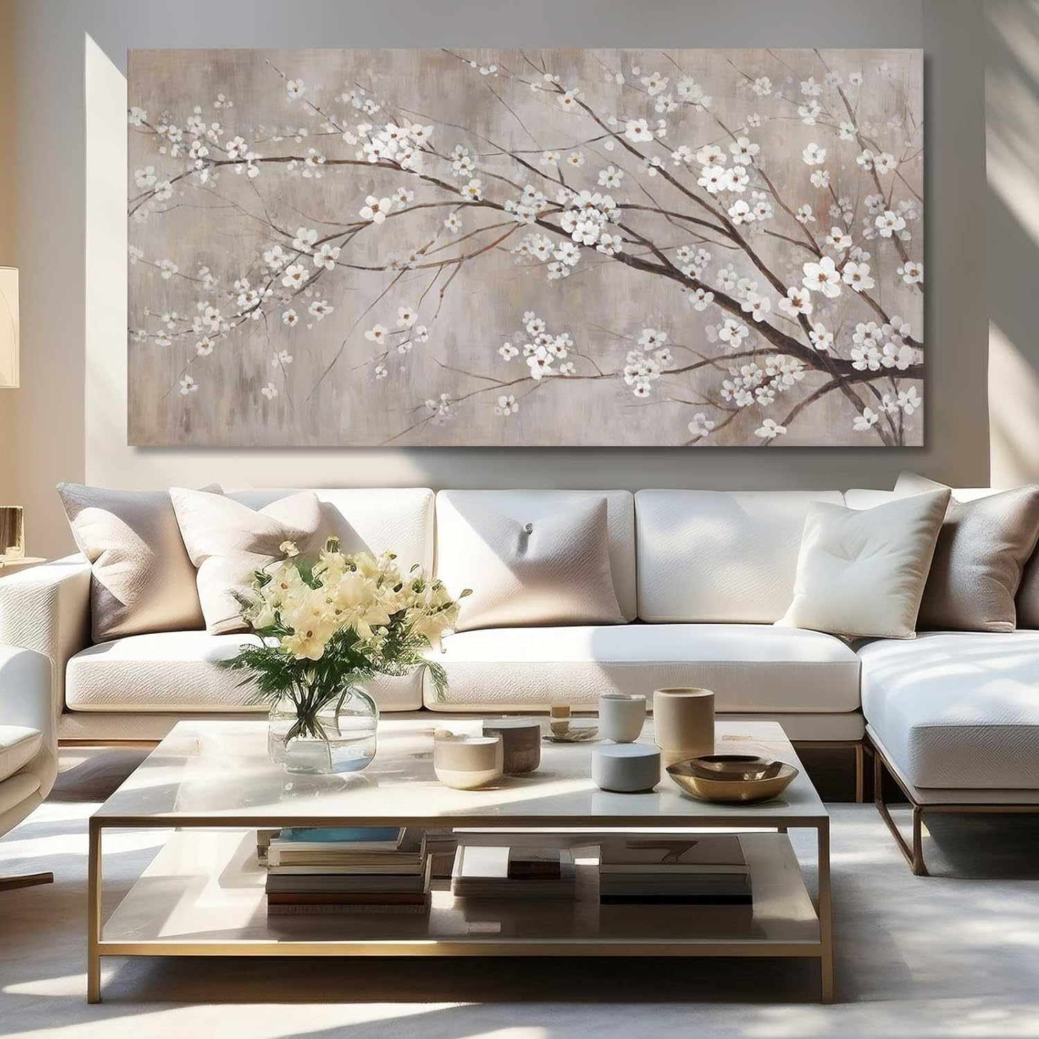 XIANSHOU Wall Decorations for Living Room Gold and White Abstract Canvas Art Oil Painting Large Minimalist Decor Wall Art for Office Bedroom Home 29x 58