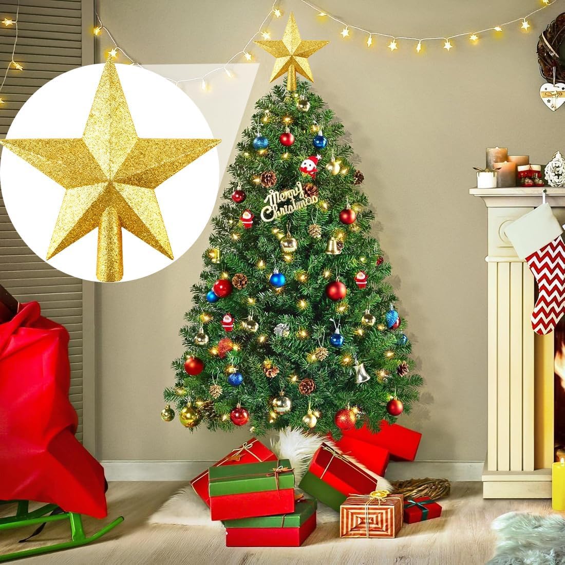 Verlichte kerst piek - ster - goud - H27 cm - met 15 leds - kunststof