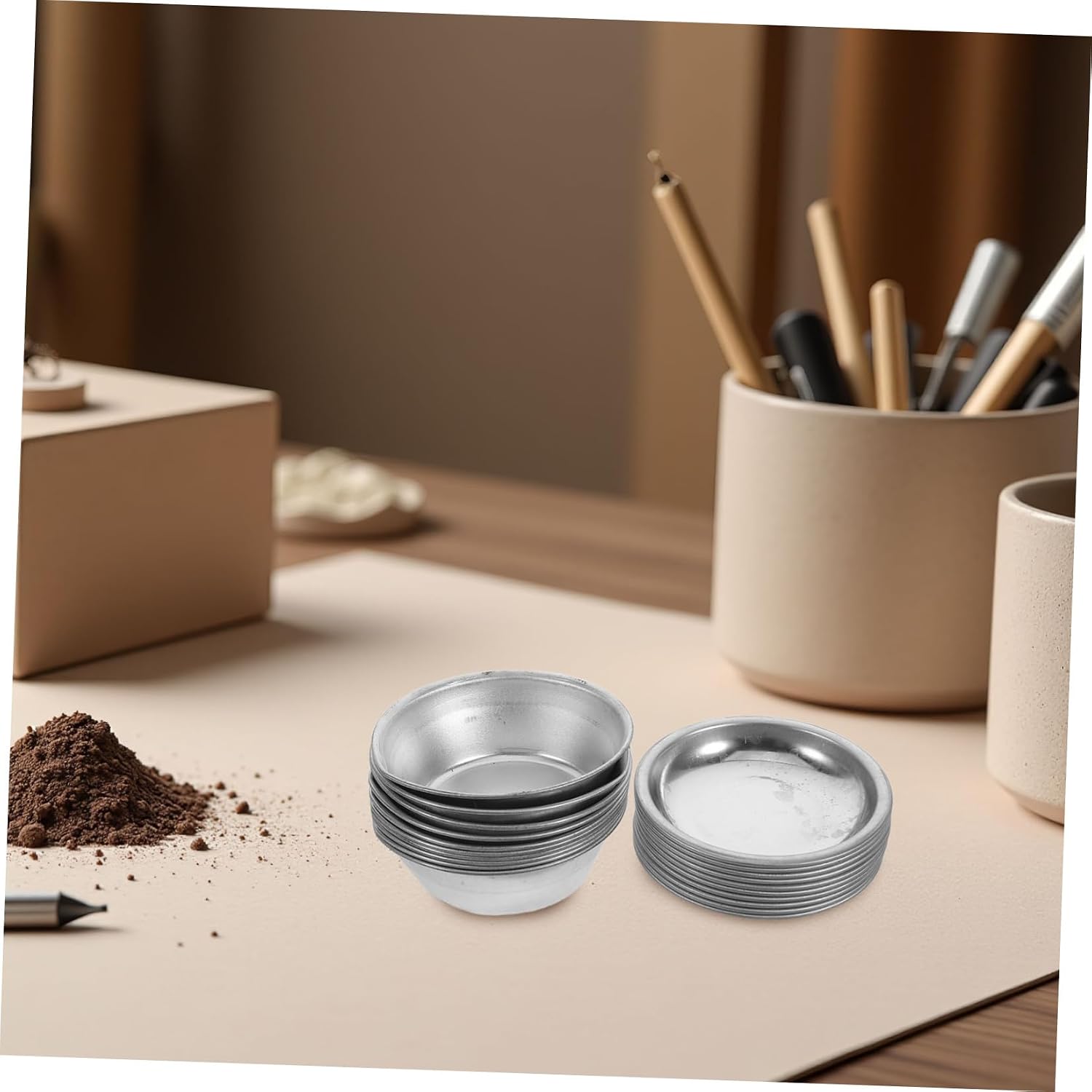 ABOOFAN 20pcs Stainless Steel Round Paint Tray with Easy Pour Spout, Versatile Foundation Mixing Tray for Studio Work and Miniature Painting