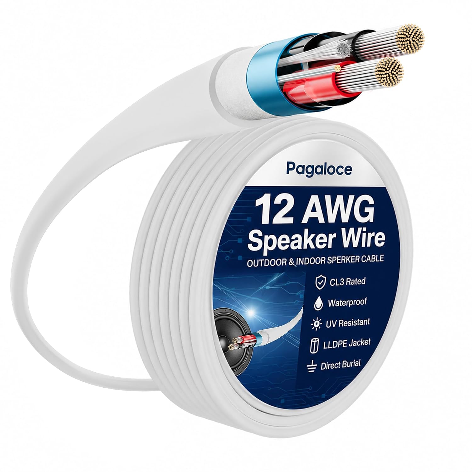 14 Gauge Speaker Wire 50FT, UL CL3 Rated Speaker Cable, 14AWG 2-Conductor Tinned Pure Copper Wire, Shielded, Direct Burial, LLDPE Jacket & UV Resistant, for Outdoor, in-Wall, Home Theater, Car, Garden