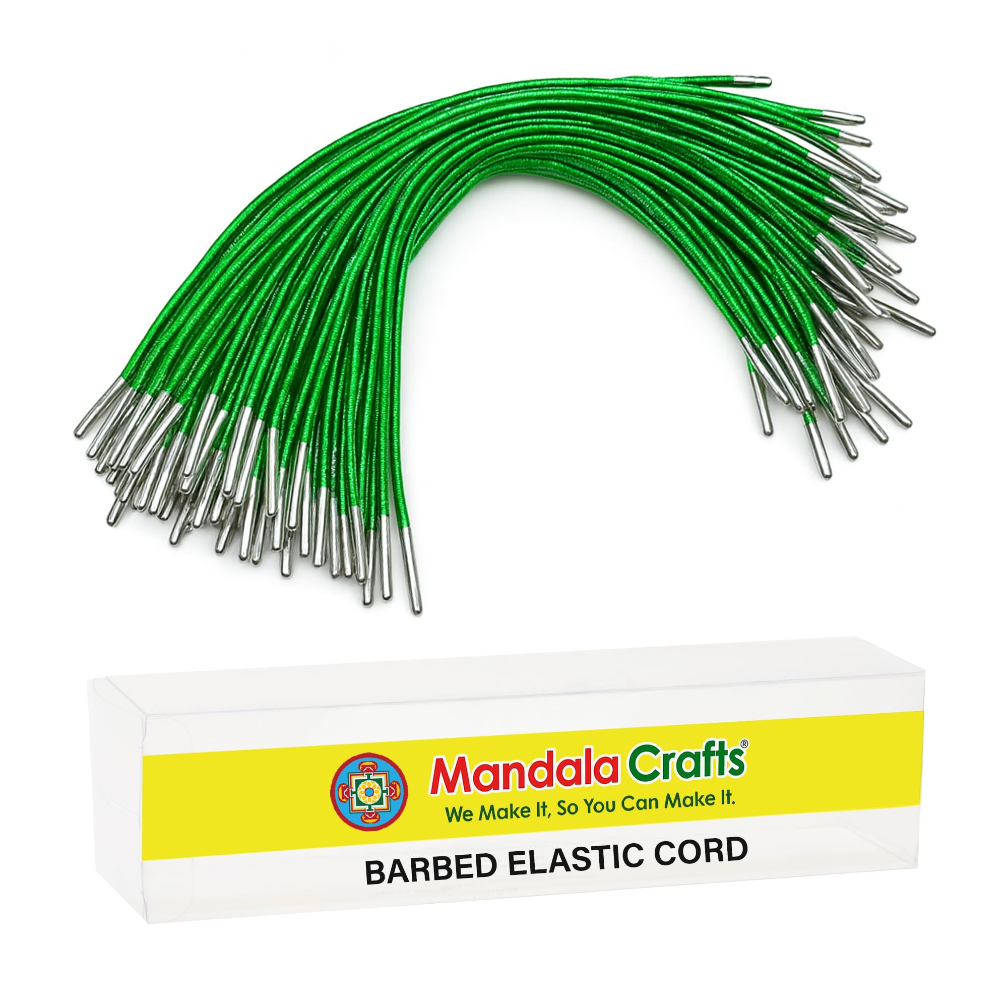 Mandala Crafts Metallic Green Barbed Elastic Barbed Cord - 100 Round 9” Craft Elastic Cords with Metal Ends for Menu Bands, Badge Loops, and
