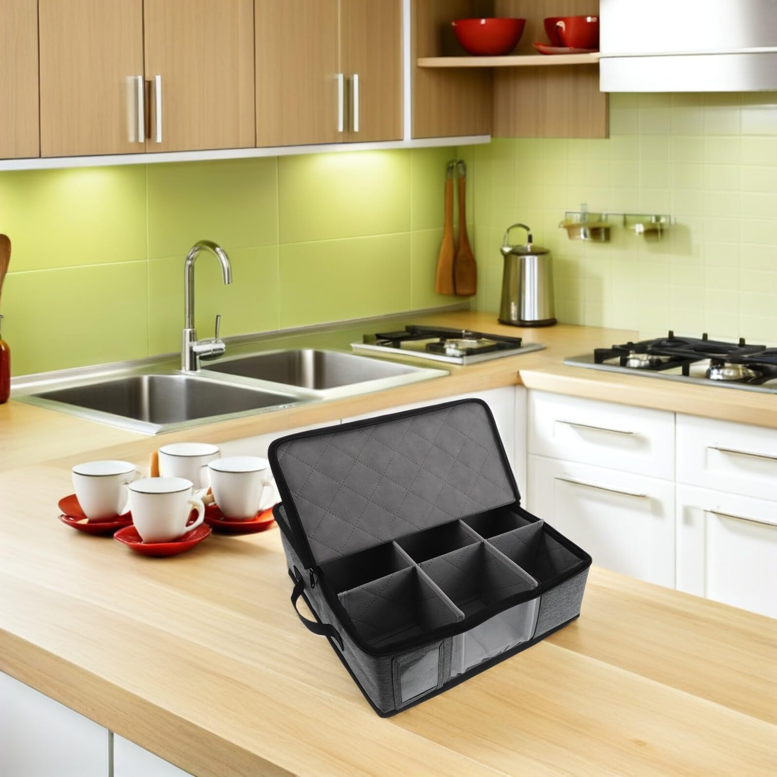 SHINEOFI Caja de Almacenamiento para Tazas con Divisores, Tapa con Cremallera y Asas, Organizador Apilable para Vasos y Tazas de Café, Multiuso para Cocina y Mudanzas, Diseño Compacto
