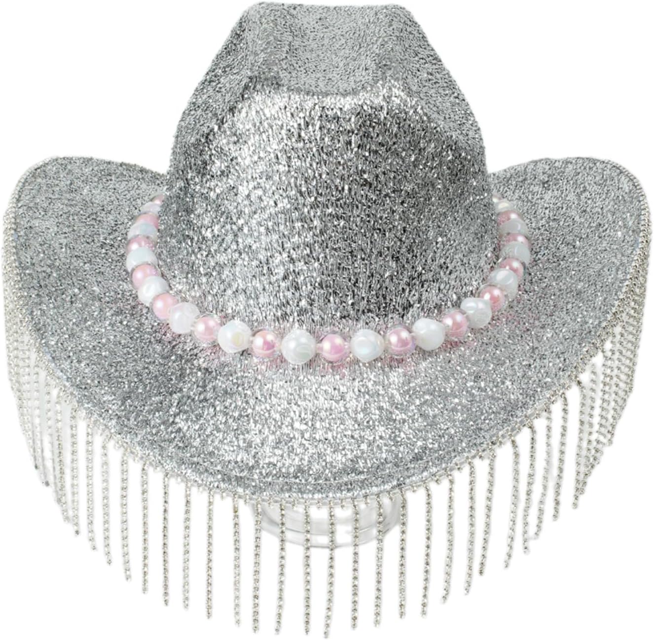 Vacation Cowboy Hats Tassels Hand Beading Crystal Girl Cowgirl Hat for Carnivals Music Festival Disco Birthd Silver