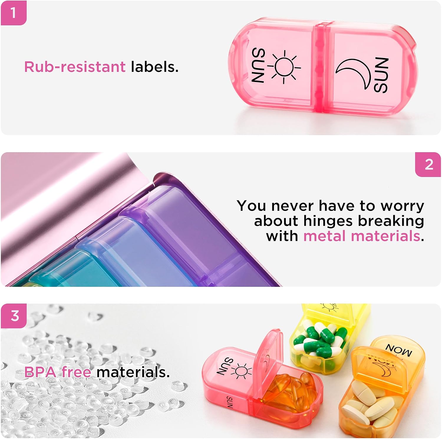 Zannaki Metal XL Weekly Pill Organizer 2 Times a Day, Large Travel Daily Pill Box 7 Day, Portable Week Twice Pill Holder Container, AM PM Pill Case for Medicine Vitamin Medication Supplement, Pink image 4