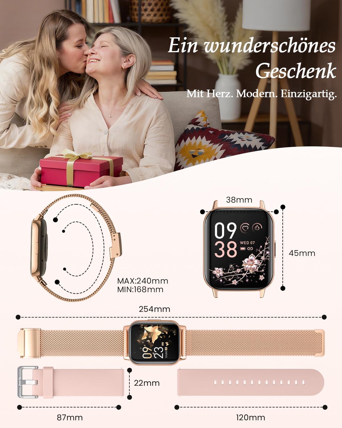 2026 Neues Smartwatch Damen, 1.85"AMOLED Fitness Tracker mit Telefonfunktion Menstruationszyklus Herzfrequenz Schlafmonitor SpO2 113+Sportmodi Sportuhr 5ATM Schrittzähler Kalorien iOS Android Roségold