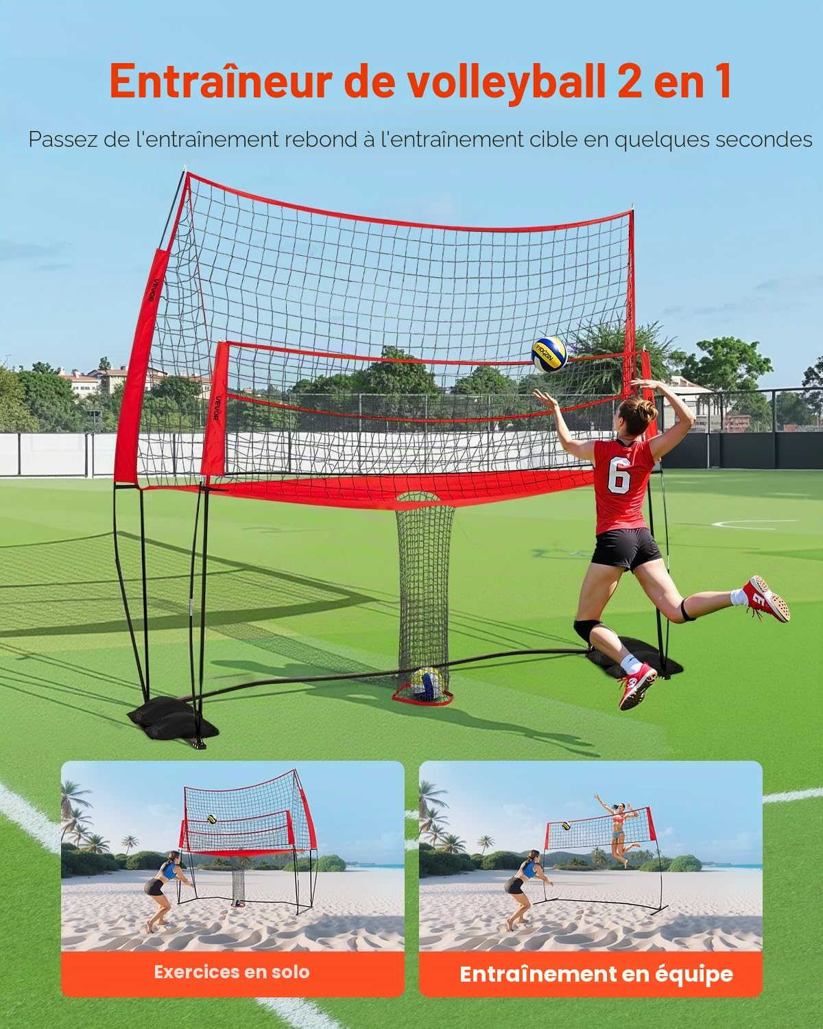 VEVOR Filet de Volley-Ball 2 en 1, Filet d'entraînement de Volley-Ball Portable réglable en Hauteur avec Retour de Balle, Installation Facile pour Service en intérieur et en extérieur dans Le Jardin