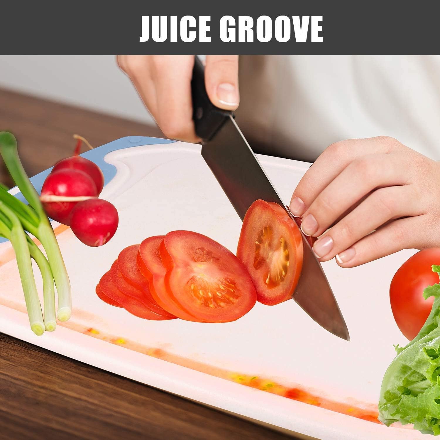 Cutting Boards for Kitchen, Plastic Chopping Board Set of 4 with Non-Slip Feet and Deep Drip Juice Groove, Easy Grip Handle, Dishwasher Safe, BPA Free, Non-porous