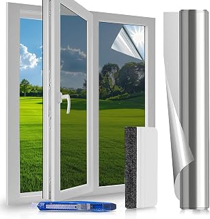 Film Fenetre Anti Regard, Anti Chaleur Anti UV, Film Miroir pour Fenetre avec Kit de Pose, Protection de la Vie Privée, Protection Solaire, pour Fenêtr Maison Bureau Magasin, Argenté, 60x200 cm