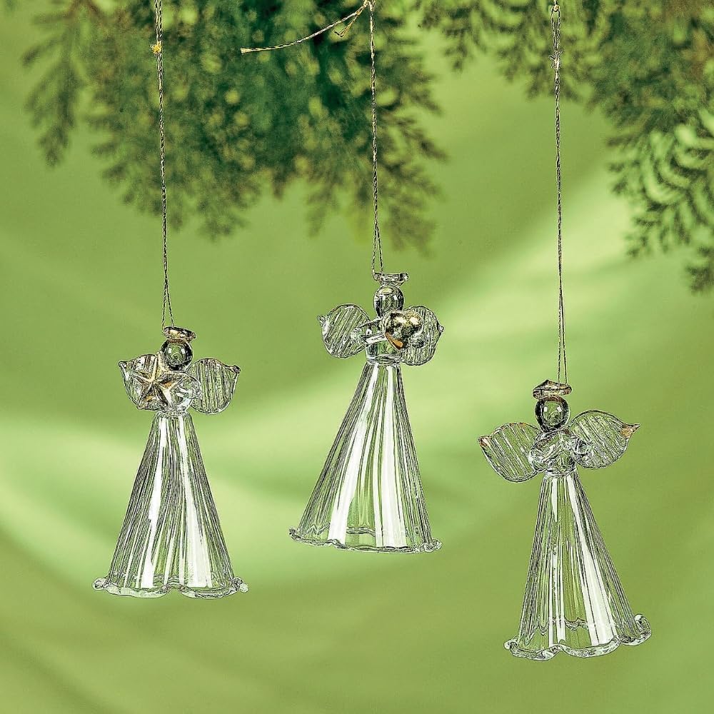 Spun Glass Angel Ornaments with Star/Heart/Praying Hands (Set of 12) Christmas Religious Decor