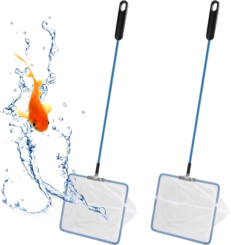 2 piezas de red para peces para acuario, red para pecera pequeña con mango largo de plástico | Red cuadrada con malla fina para limpieza de tanques