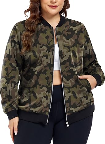 FOREYOND Womens Plus Size Bomber Jacket Zip Up Lightweight Coat Casual Cropped Windbreaker Outwear with Pockets