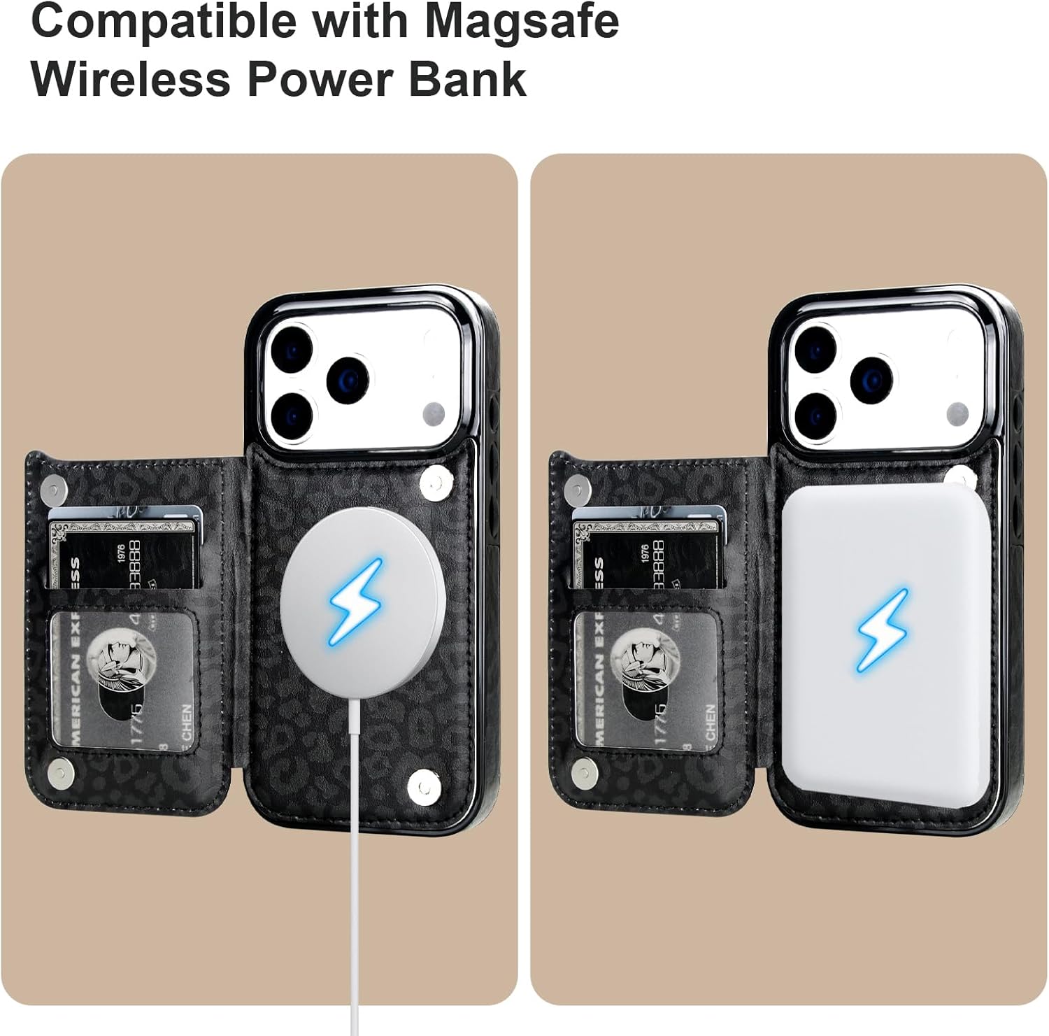 HAOPINSH Wallet Case for iPhone 17 Pro, Compatible with MagSafe Wireless Charging, Black Leopard Cheetah Pattern Back Flip Folio Leather Kickstand Card Slots Case Double Magnetic Clasp Cover 6.3"