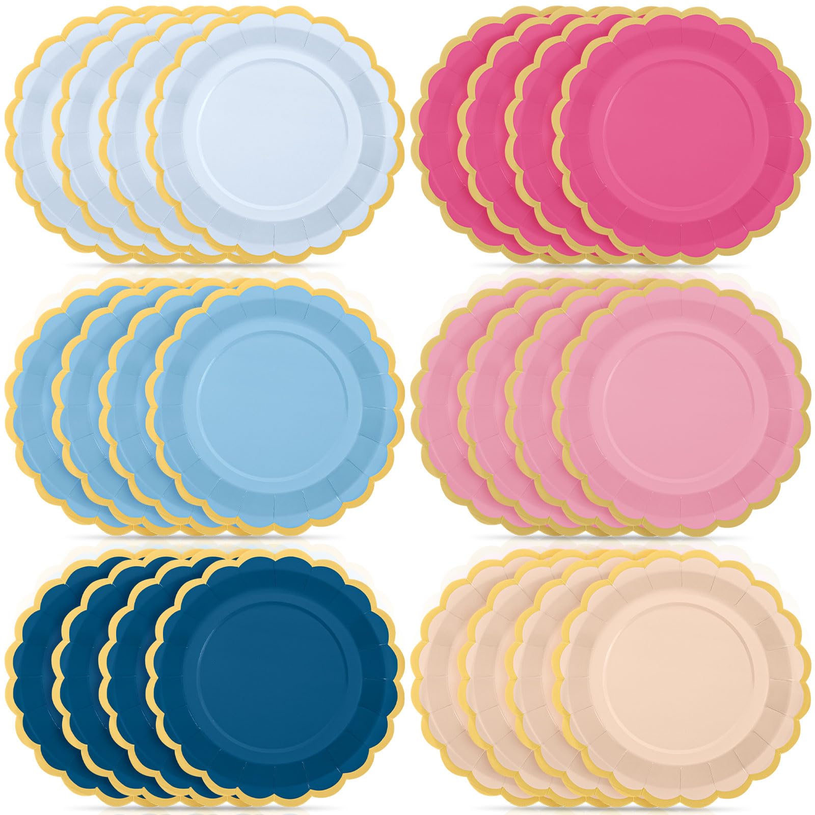 48 Pcs Pink and Blue Paper Plates 9 Inch Scalloped