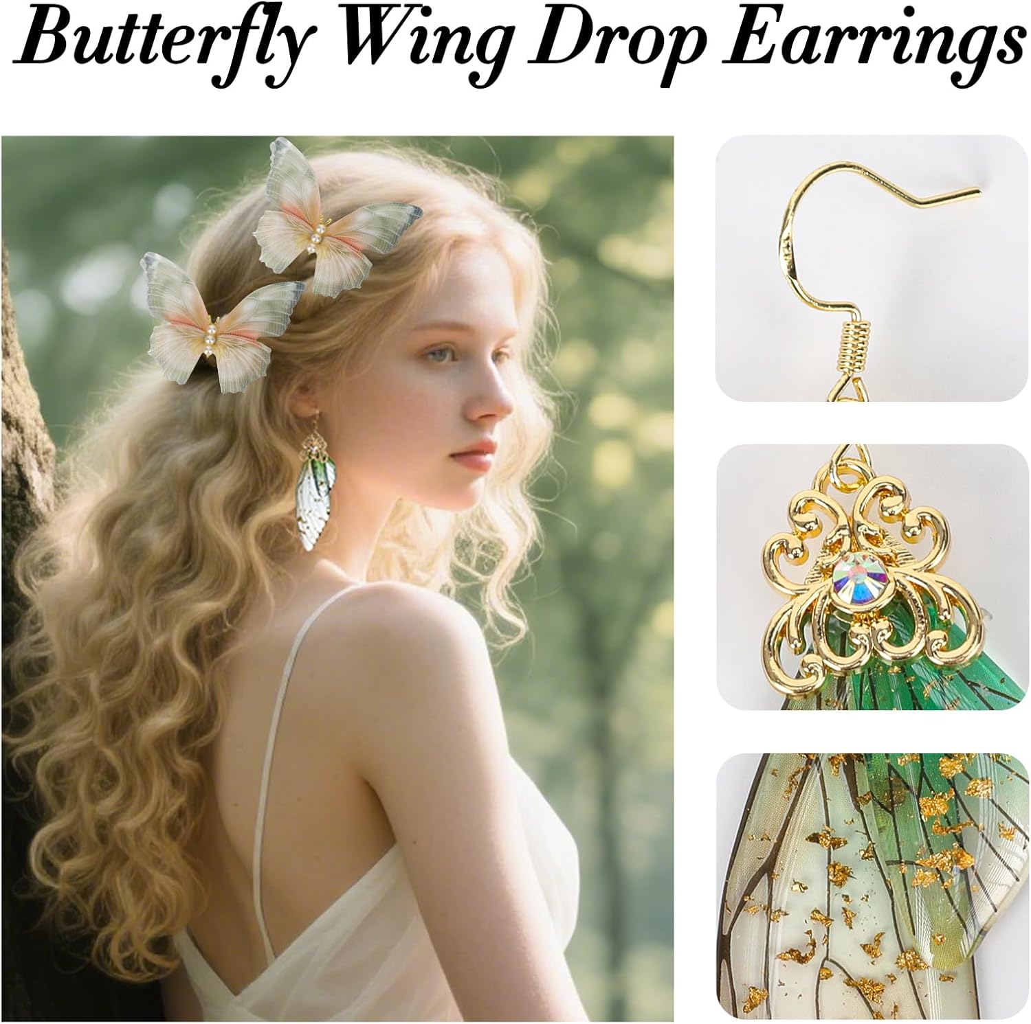MOSTORY Butterfly Fairy Accessories Set - Layered Crystal Fairy Necklace, Butterfly Wings Earrings and Fairy Hair Clips for Women Renaissance Faire Outfit Elf Cosplay Halloween