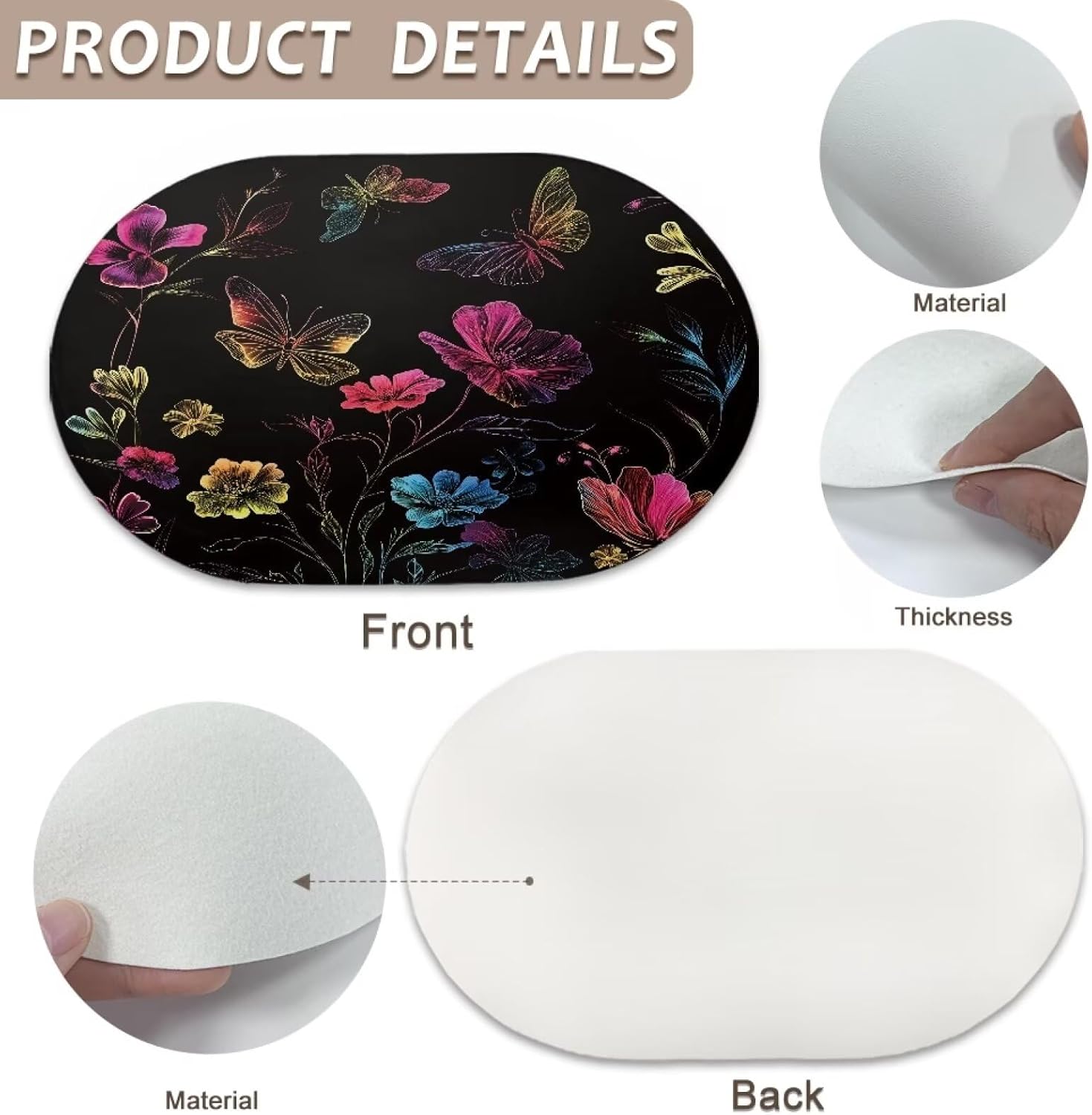 Poceacles 4 PCS Table Placemats Waterproof Heat Resistant PU Leather Oval Table Placemat Non-Slip Coffee Mats 12 x 18 Inch for Outdoor Indoor Party Decor, Butterfly Flower Colorful