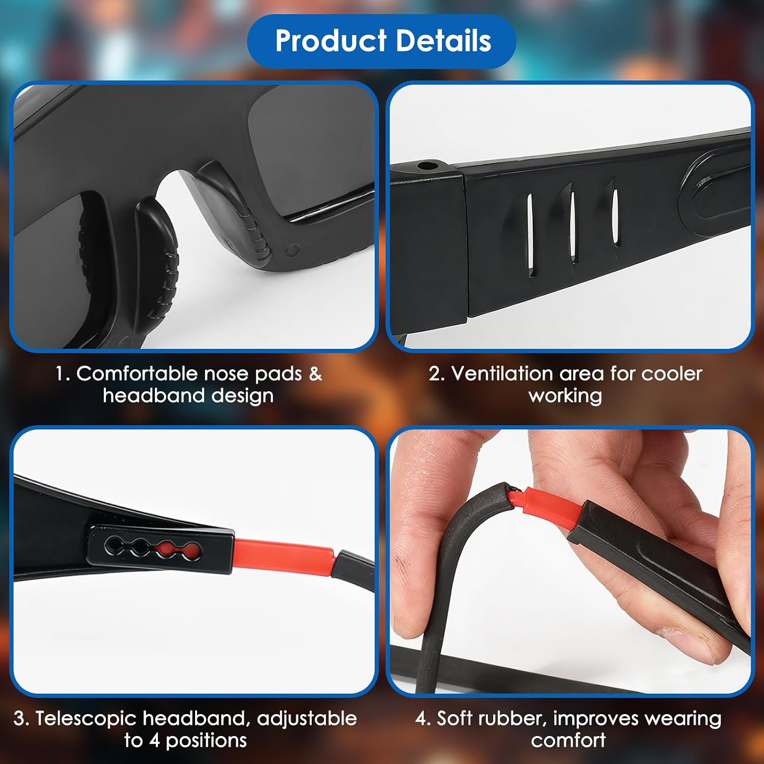 Auto Darkening Welding Goggles, True Color Solar Powered Welding Glasses with Adjustable Eye Legs, Comfortable Welding Safety Mask Anti-Flog Anti-glare Goggles for Grinding Welder
