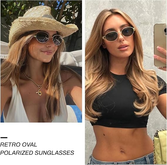 JiSoo Gold Polarised Sunglasses Womens - Retro Oval Sunglasses Vintage 90s Sun Glass Women
