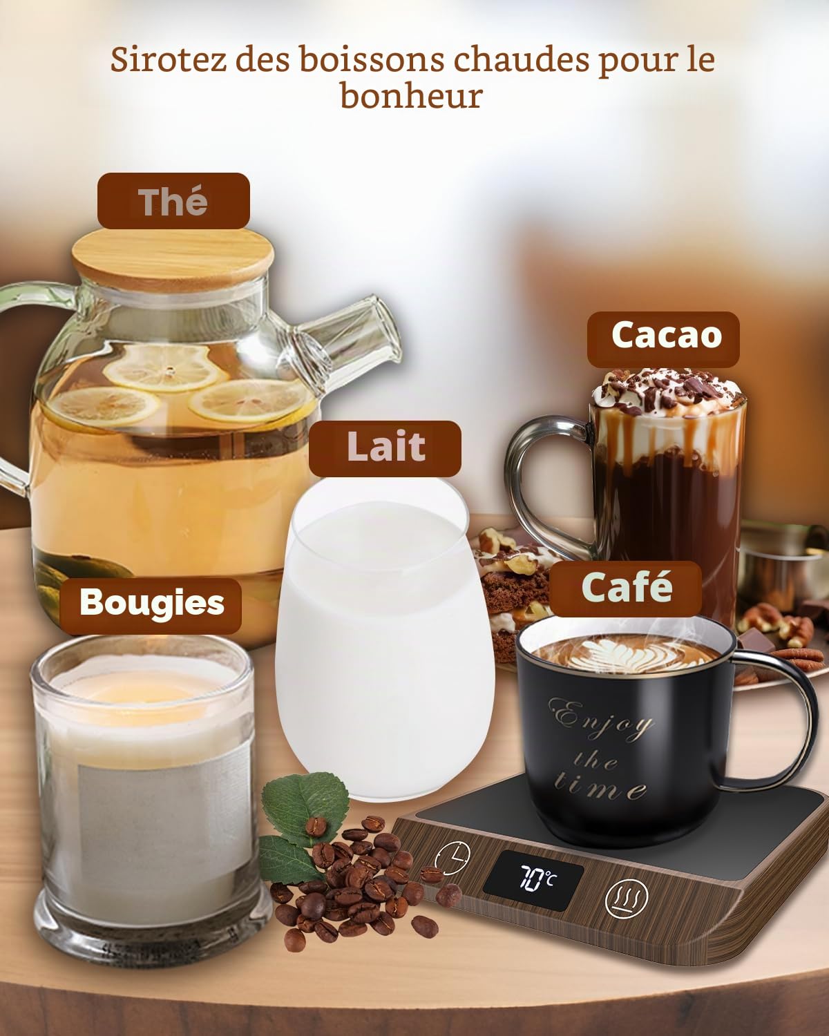 MYMULIKE Chauffe-tasse à café, chauffe-tasse pour bureau, avec 6 températures (45 ℃ à 70 ℃ avec écran LED, chauffe-tasse et minuterie de 1 à 12 heures, pour voiture, café, thé, lait, chauffe-bougie