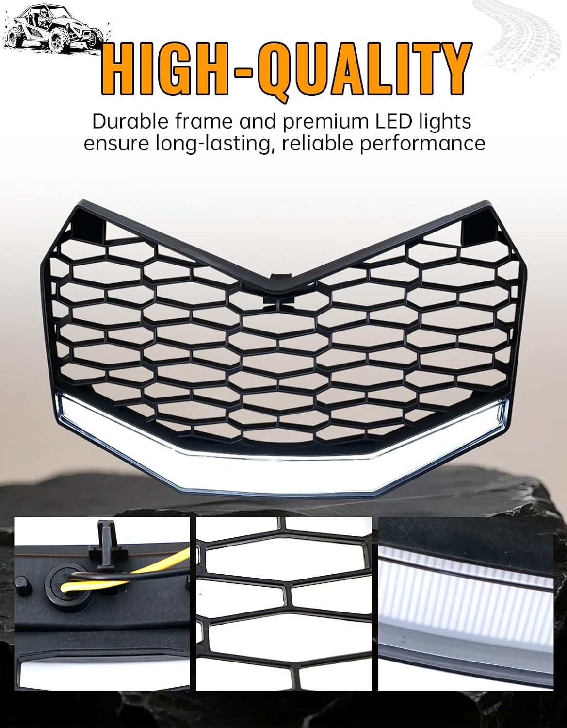 Front Mesh Grille with LED Light Bar for Can-Am Maverick X3 Accessories, Fits X3 Max Turbo 2017-2025, OEM Style Replacement Waterproof Grill with Running Fang Lights, Easy Snap-On Install
