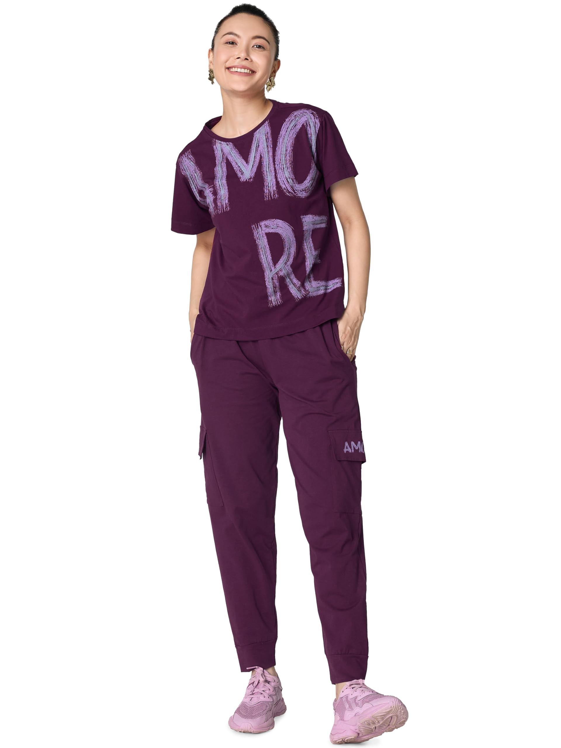 Co-ords Set for Women's Typography Printed Cotton Night Dress of Top and Cargo Set-image-43
