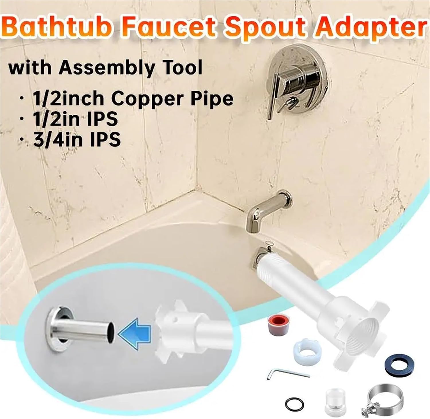 Tub Spout Diverter Repair Kit 4Sets Universal Tub Spout Adapter, Copper Slip Fit Design, Fits 1/2in Pipe, 1/2in and 3/4in