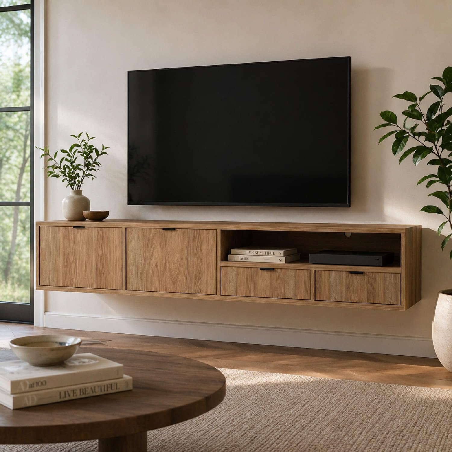 Arreditaly Mobile Porta TV Sospeso Moderno Con 2 Ante A Ribalta 2 Cassetti E Vano A Giorno Con Passacavo Per Soggiorno Salotto Zona Living Design Minimal Contemporaneo 200 X 55 X 40 Cm Rovere