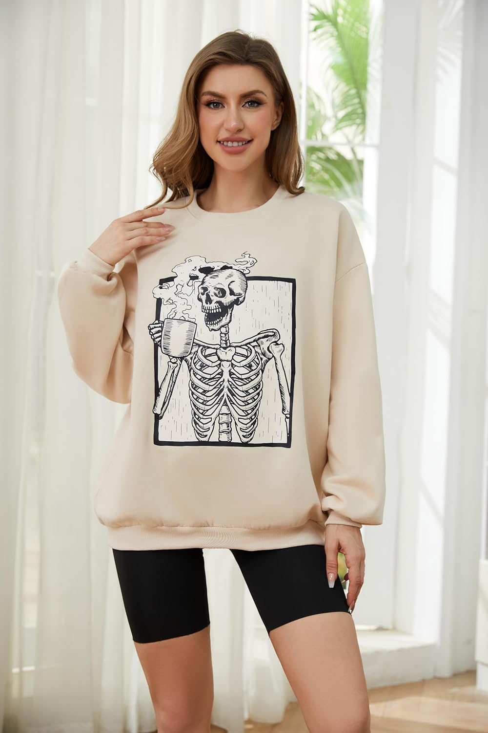 Meladyan womens Halloween Skull Graphic Print Fleece Oversized Sweatshirt Crewneck Long Sleeve Drop Shoulder Pullover, Apricot, Small - Image 2