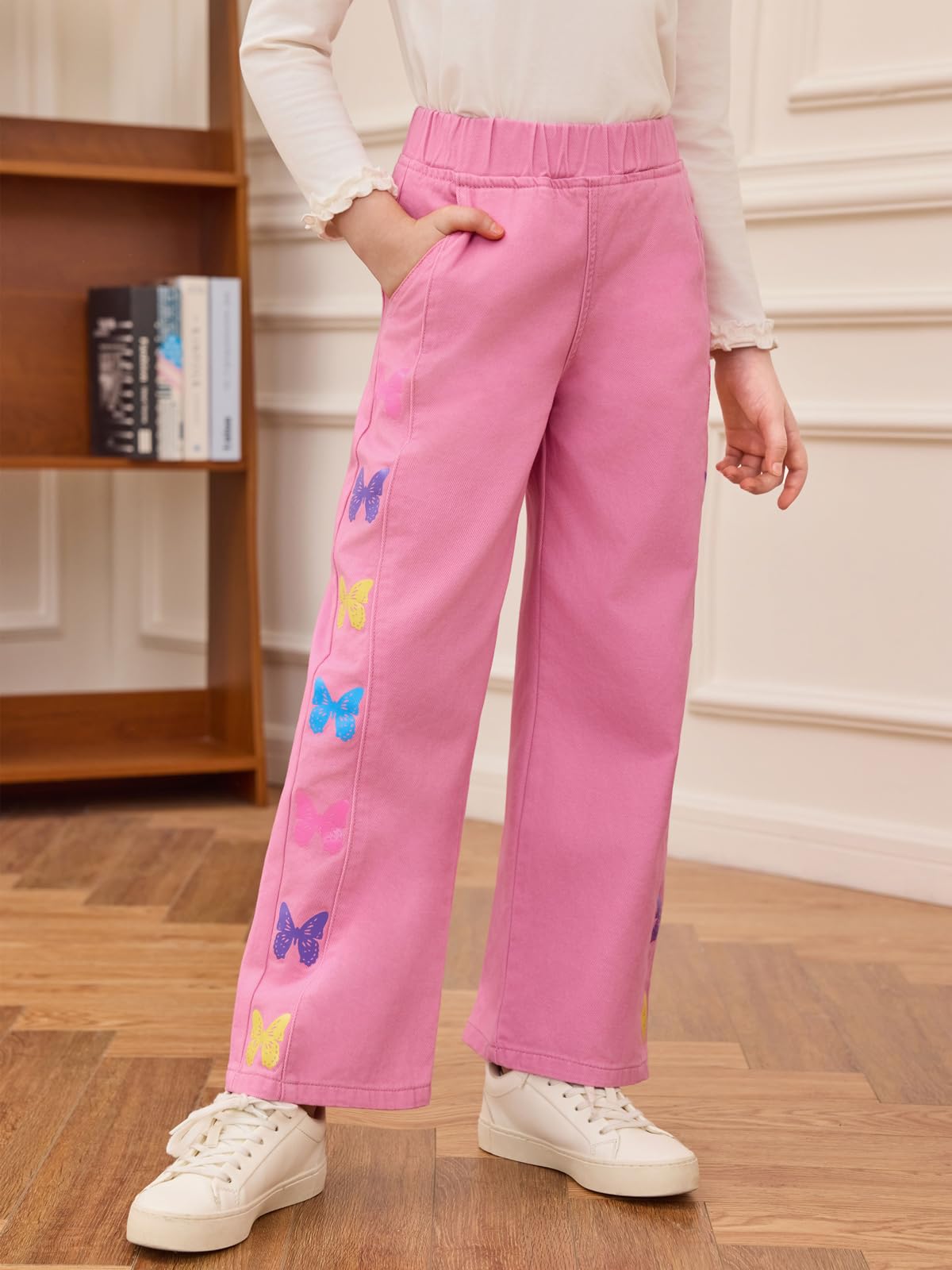 Haloumoning Jean pour fille - Imprimé papillon - Denim - Pantalon baggy - Jambes larges - Élastique - Streetwear avec poches