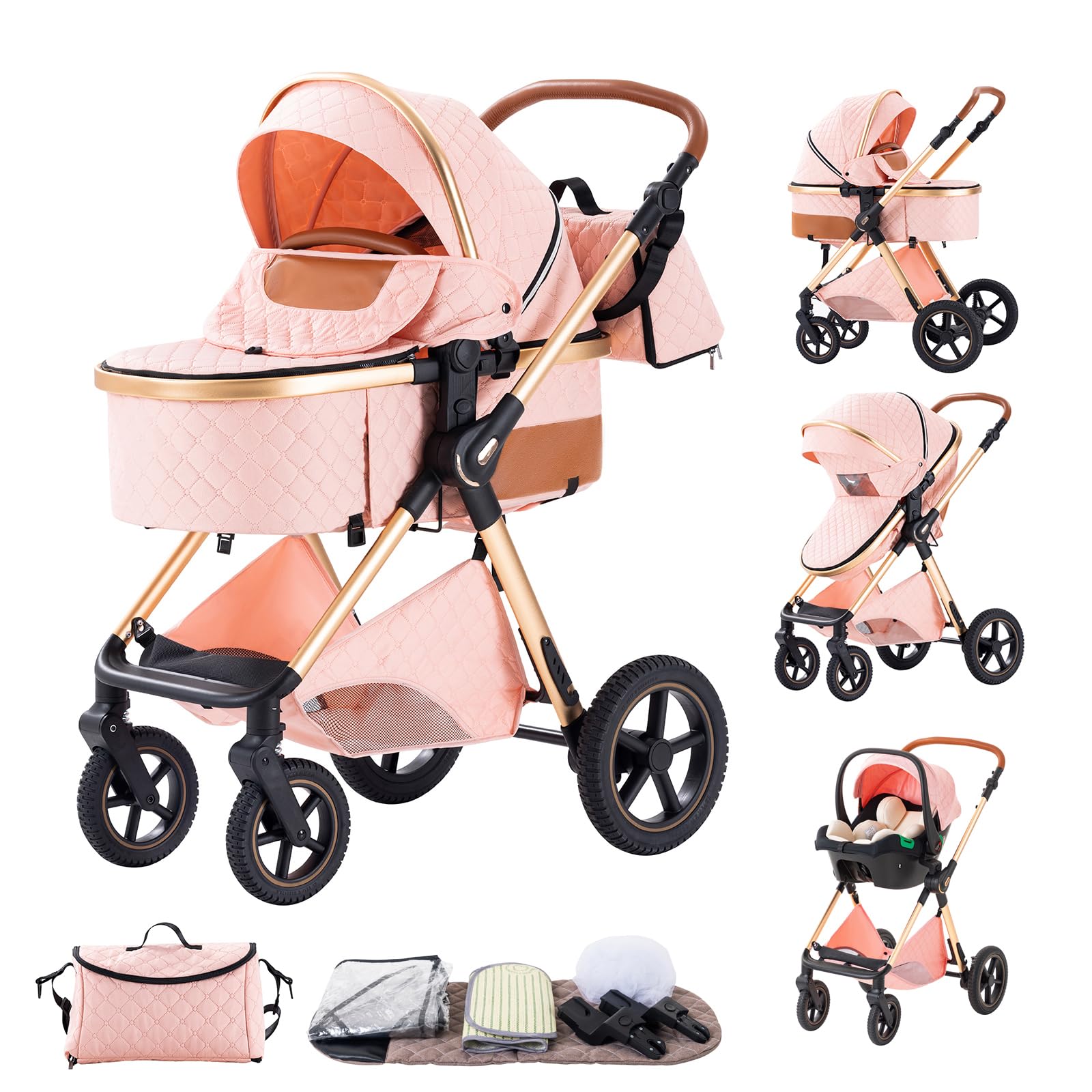 BEBBY Kinderwagen 3 in 1,Kinderwagen Buggy Mit Babyschale,Mit Höhenverstellbarer buggy Komplettset Faltbare tragbare,Buggys Mit Aluminiumrahmen für Neugeborene 0 bis 3 Jahre (Pink-6, H2)