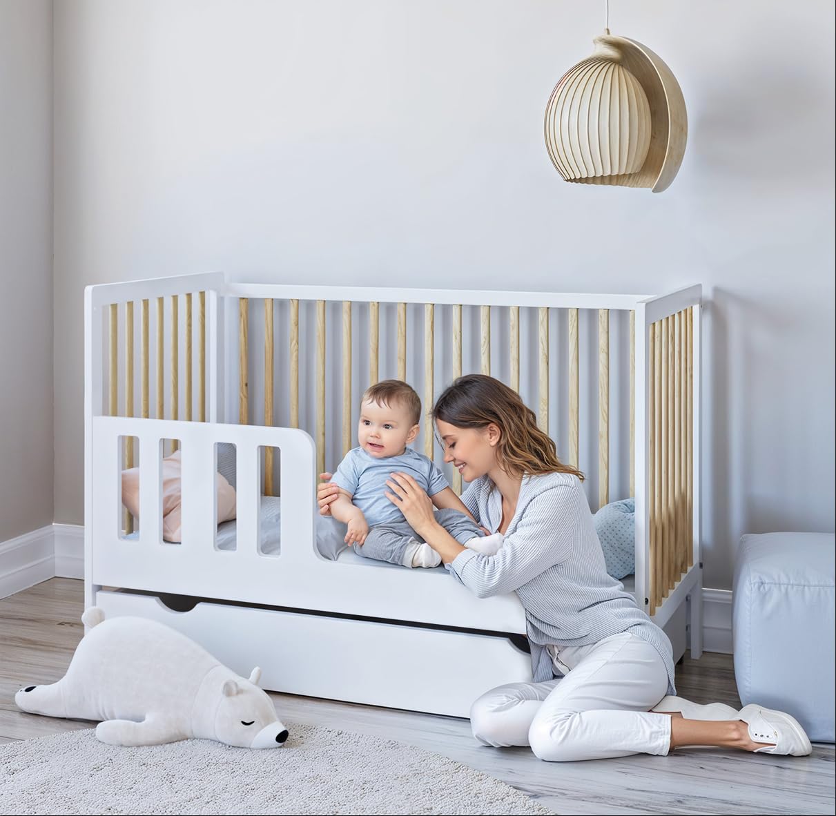 zee Cuna Bebé LUMI 120x60 cm 2 en 1 con Colchón Convertible en Cama Infantil Blanco Natural con Cajón y Barandilla Seguridad Madera de Pino Altura Regulable