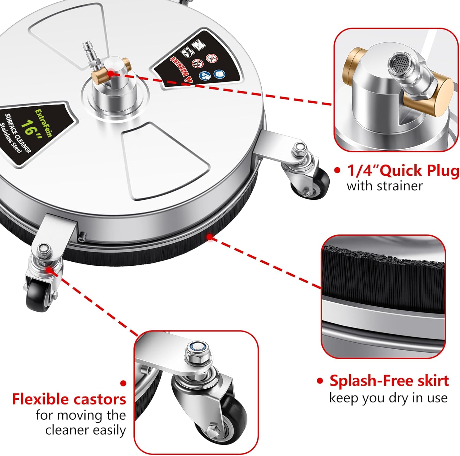 16" Pressure Washer Surface Cleaner Pro with 4 Wheels, Stainless Steel 2 Extension Wands, Power Washer Surface Cleaner Hot Water Supported for Patio Decker Concrete Driveway, 3000 PSI