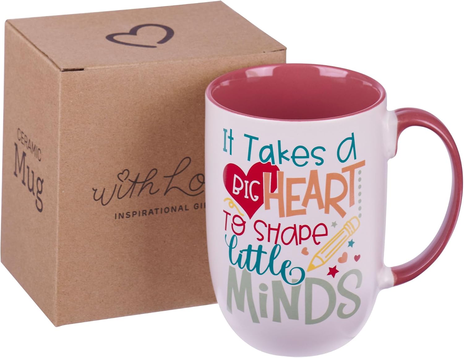 WITH LOVE XL Inspirational Coffee Mug, It Takes a Big Heart to Shape Minds - #1 Teacher, Fun Teacher Appreciation End of Year Gift, Red Multicolor, Microwave Safe, 15oz