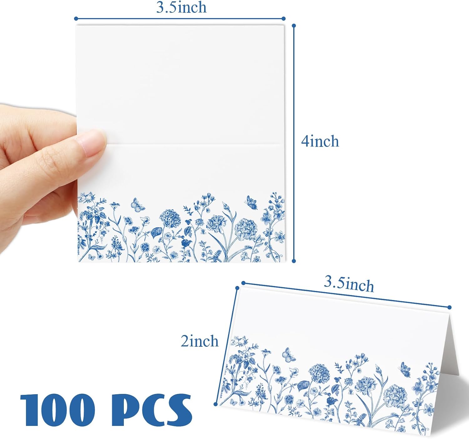 Whaline 100Pcs Blue Floral Place Cards 3.5 x 2 Inch Chinoiserie Flower Tented Cards Seating Card Blank Table Name Signs for Holiday Buffet Party Table Setting