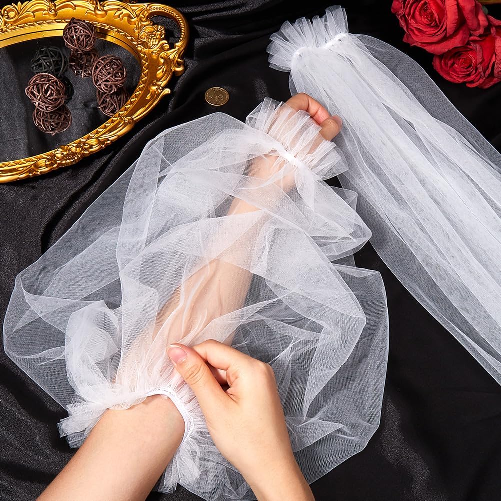 GORGECRAFT 2Pcs Removable Tulle Puff Sleeves White Polyester Wedding Detachable Long Bridal Sleeve Lace Appliques Costume Accessory for Wedding Dress Prom Evening Party 23.4 x 8.3 Inch