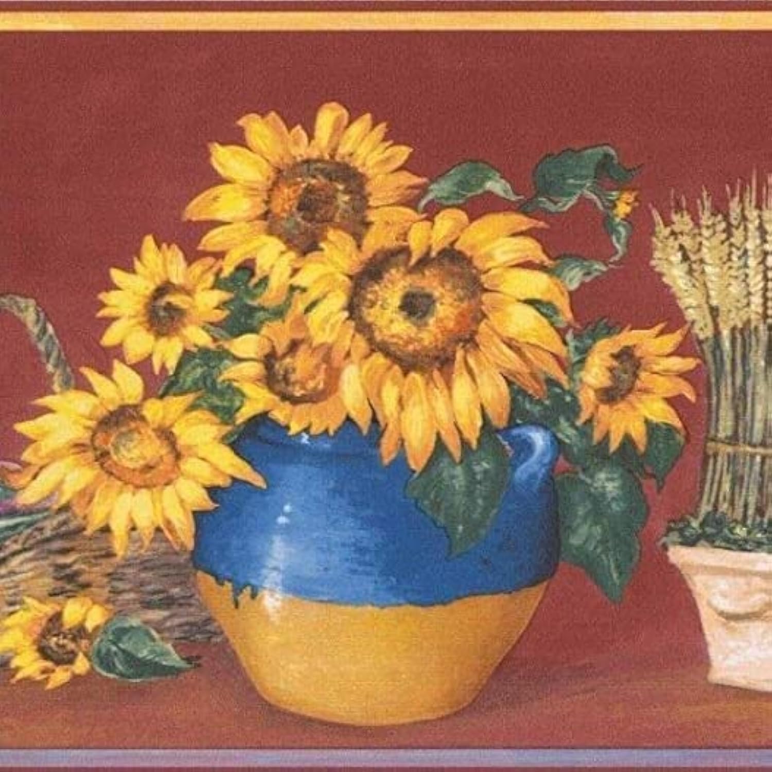 CONCORD WALLCOVERINGS ™ Sunflower Harvest Garden Wallpaper Border, 7" x 15' Rustic Farmhouse Kitchen Decor, Warm Burgundy & Beige Accents, Prepasted Washable Vinyl, Easy Install #KC78059
