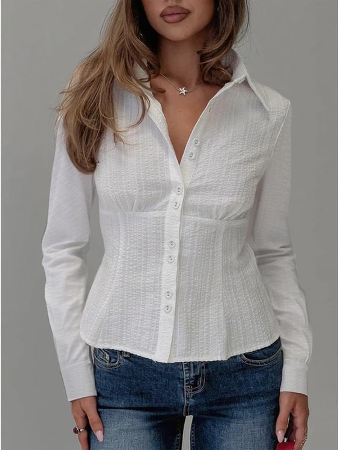 Women Y2K Button Down Shirt Long Sleeve Lapel Collar Plaid Print Fitted Crop Top Vintage Gingham Blouse Streetwear - Image 2