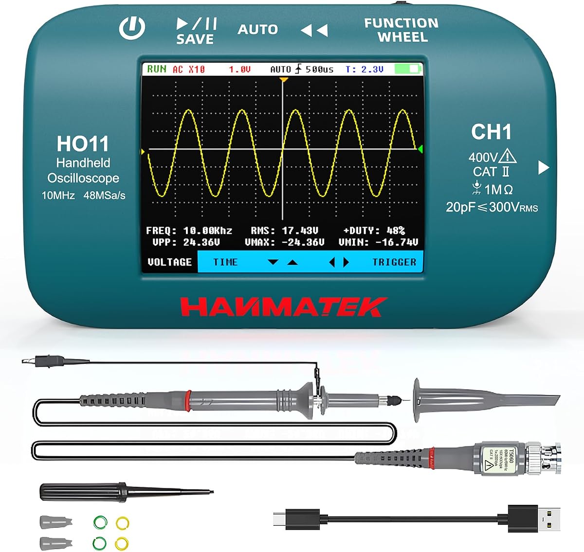 HANMATEK HO11 Handheld Digital Oscilloscope - 10MHz Bandwidth, 48MSa/s High-Precision Sampling, 2.8" TFT Display, USB Rechargeable, Advanced Trigger System, Portable for Fieldwork