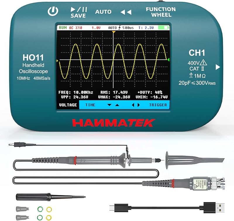 HANMATEK HO11 Handheld Digital Oscilloscope - 10MHz Bandwidth, 48MSa/s High-Precision Sampling, 2.8" TFT Display, USB Rechargeable, Advanced Trigger System, Portable for Fieldwork