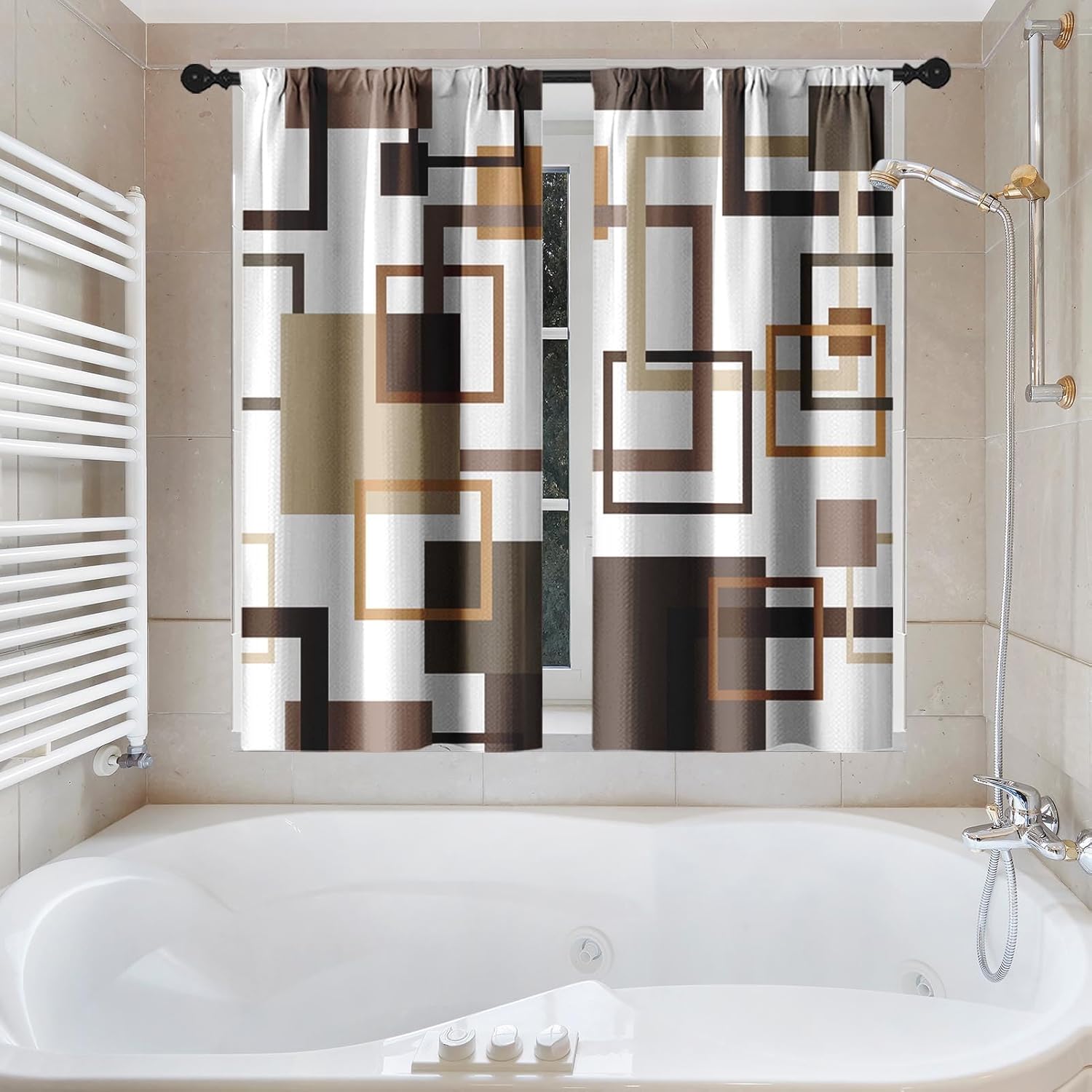 Geometric Vintage Brown Shower Curtain Set, Abstract Modern Line Bathroom Window Waterproof Shower Curtain Set for Bathroom Decor