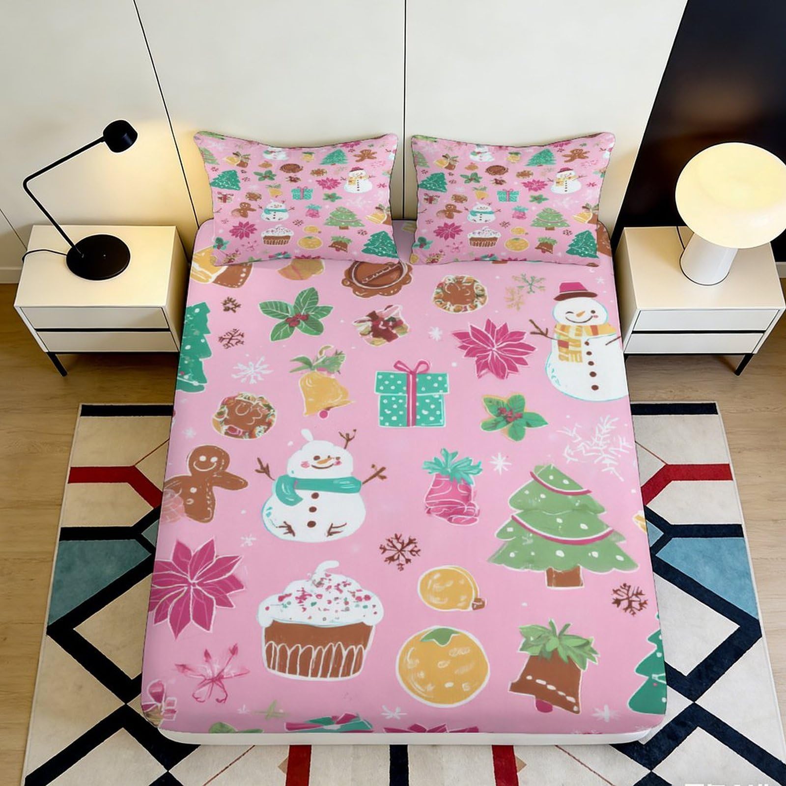 3D Printed Christmas Gingerbread Fitted Sheet Microfiber Pink Festive Snowman Bed Cover for Bedroom Guest Room Decor 90x200x25cm