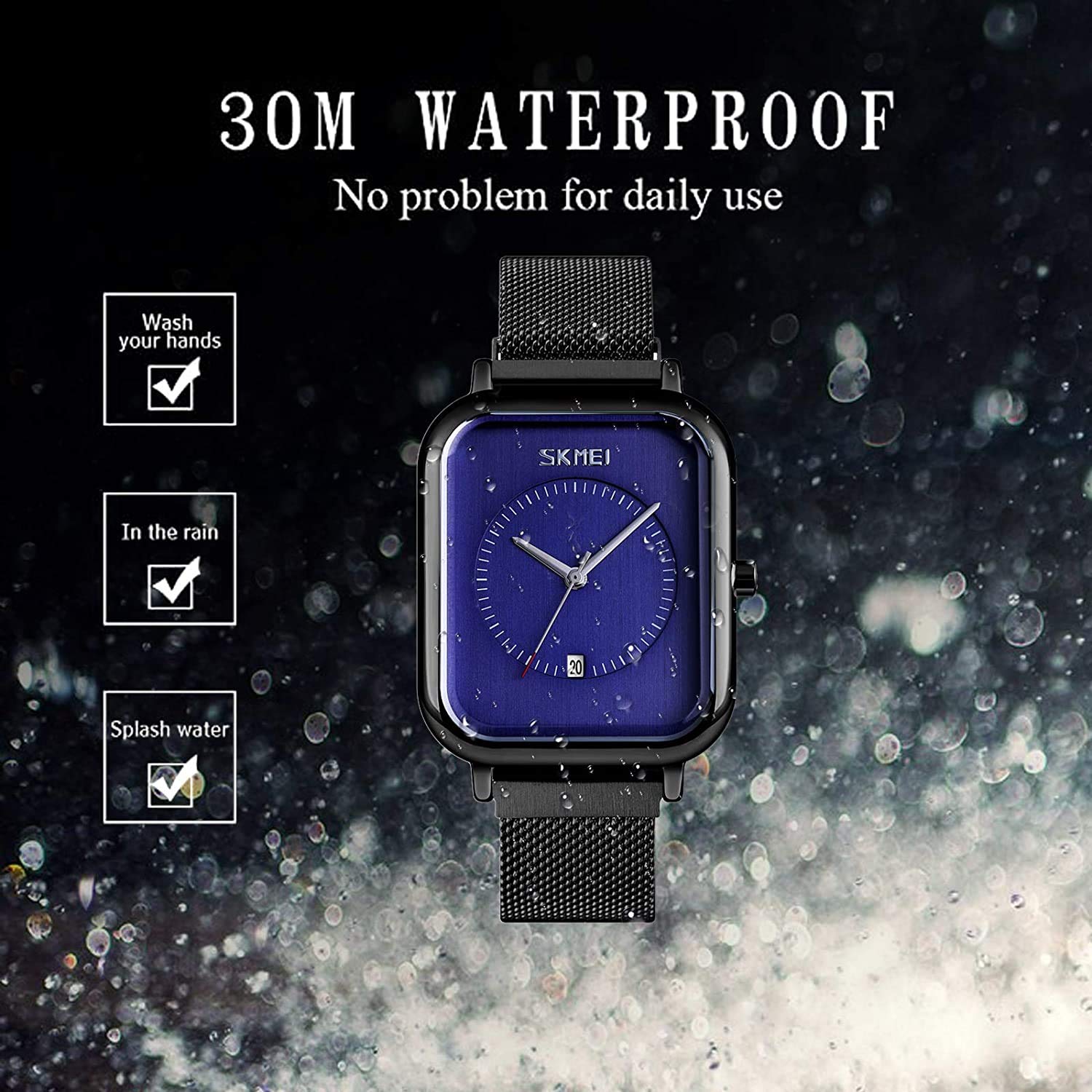 MASTOP Reloj unisex para hombres y mujeres, reloj analógico de cuarzo impermeable de acero inoxidable con fecha de hora, esfera rectangular, reloj de vestir de negocios