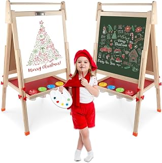 kramow Caballete Infantil Doble Cara Magnético para Pizarra Negra y Blanca de Madera con Accesorios, Juguete Educativo, Regalos para Niños Niñas 3+ Años