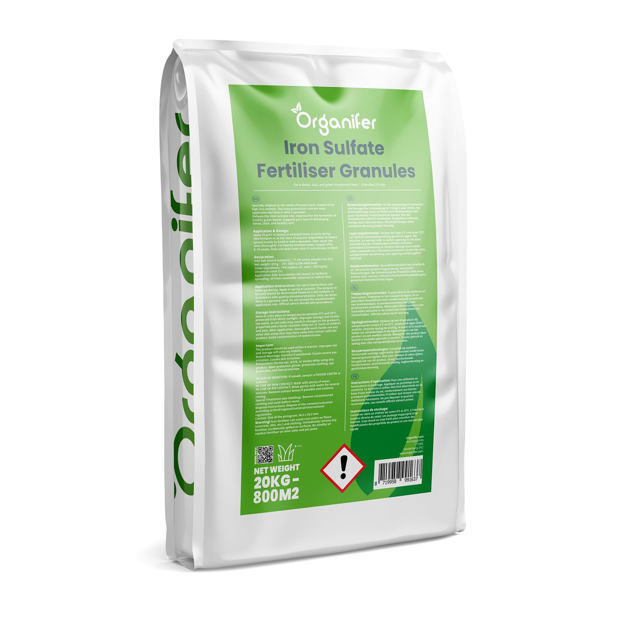 Engrais Au Sulfate De Fer (20 Kg - 250M2) - Mousse - Contre Mousse - Démosseur - Engrais - Sulfate De Fer Pour Pelouses - Organifer