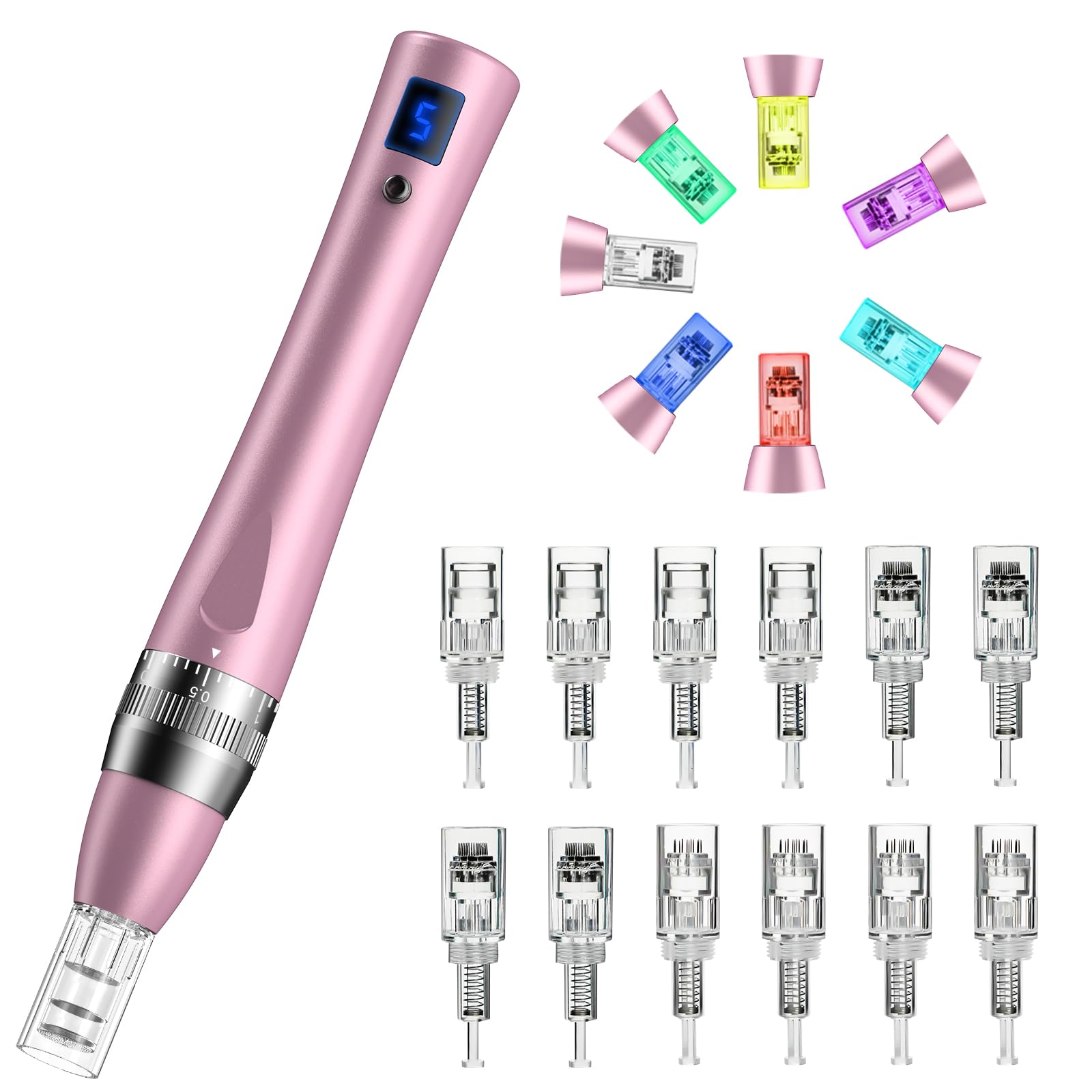 Robofun Stylo Beauté Microneedling avec 7 Lumières, Électrique Microneedling avec 12 Cartouches & 5 Vitesses pour Soin Visage & Corps, Conception Sans Fil et Rechargeable